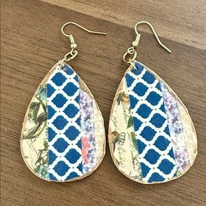 Boho Teardrop Earrings with Blue Trellis Pattern Hamdmade